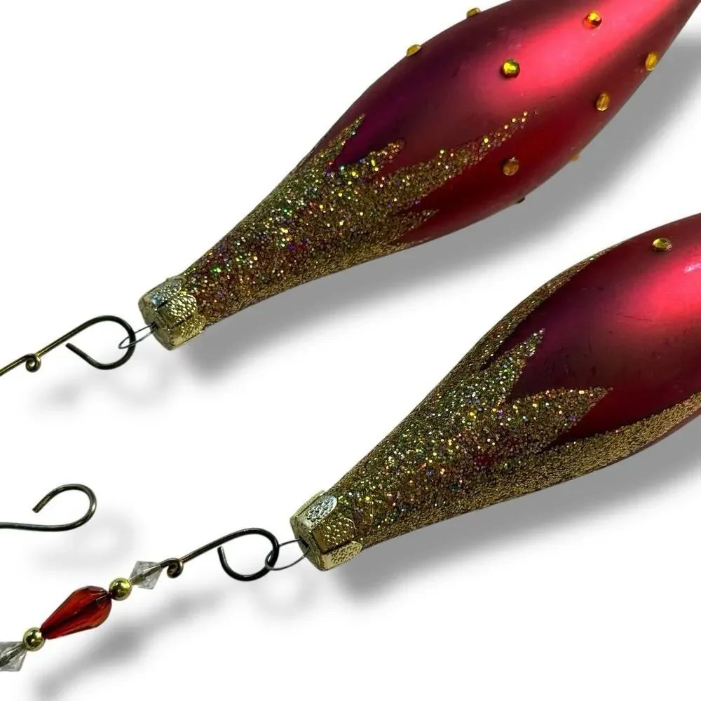 2 VTG Blown Glass Red Gold Glitter Rhinestone Icicle Oblong Christmas Ornaments